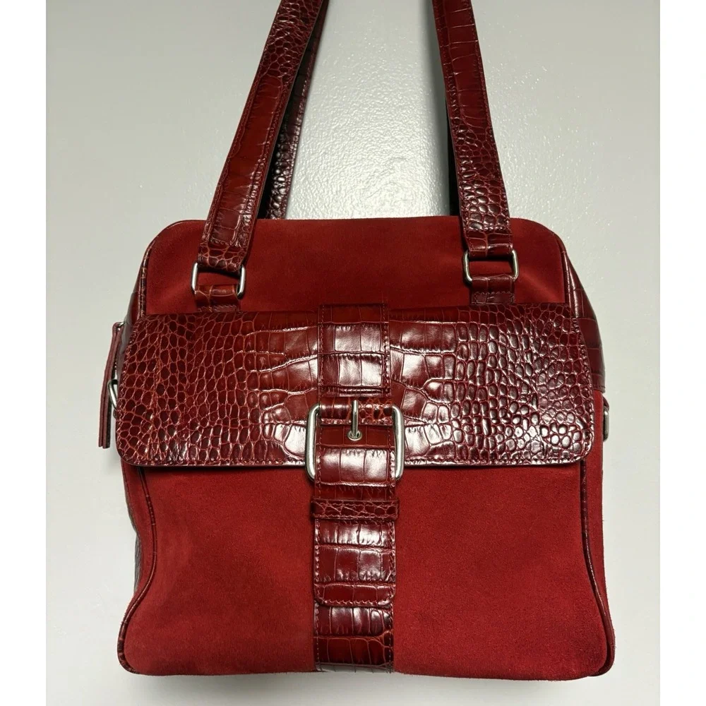 Levenger‎ Suede Leather Shoulder Bag Tote Buckle Red Square Croc Top Zip Purse